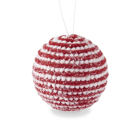 Glittered Snowy Red & White Yarn Striped Ball Ornament