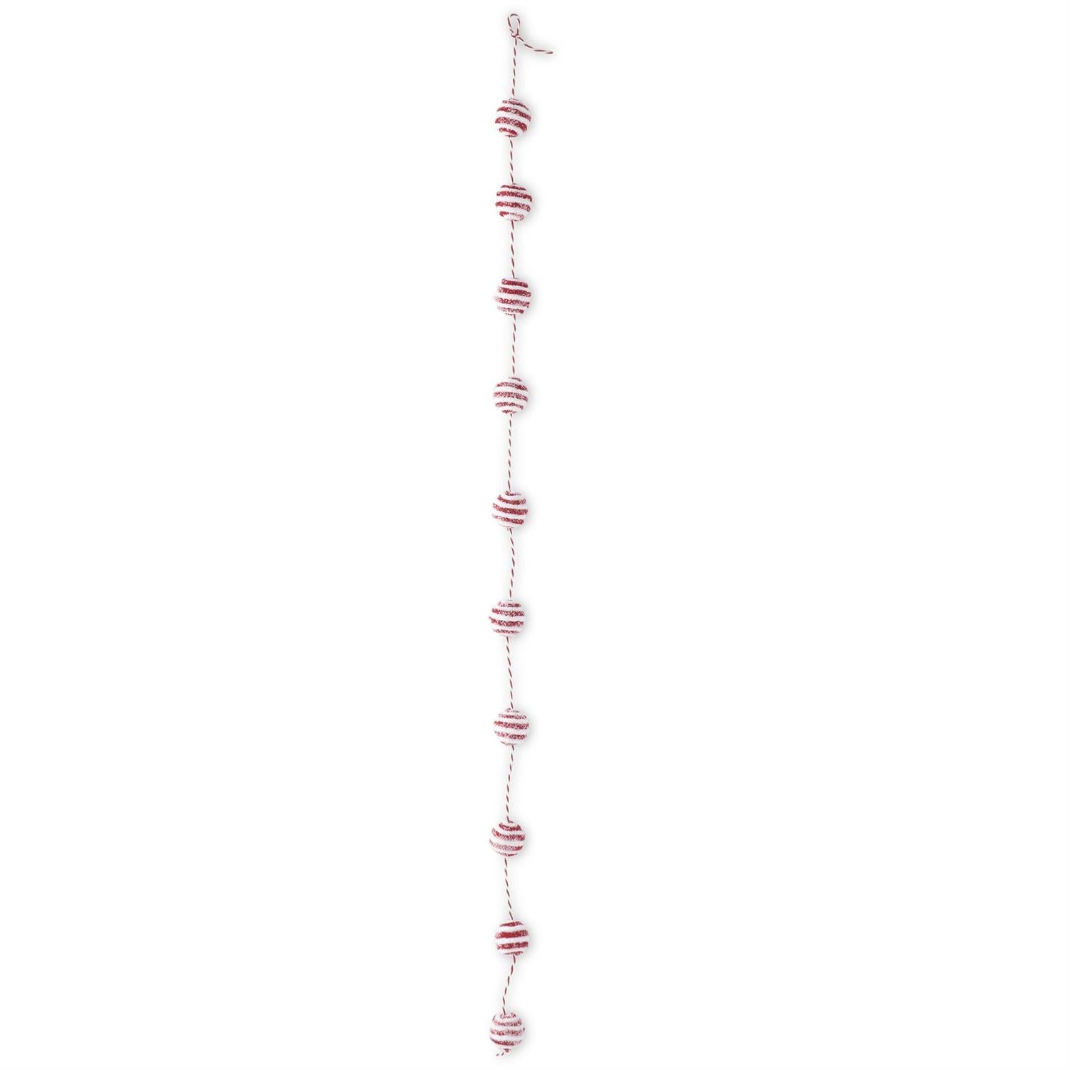 Glittered Snowy Red & White Yarn Striped Ball Garland