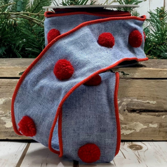 Blue Chambray Ribbon with Red Pom Poms
