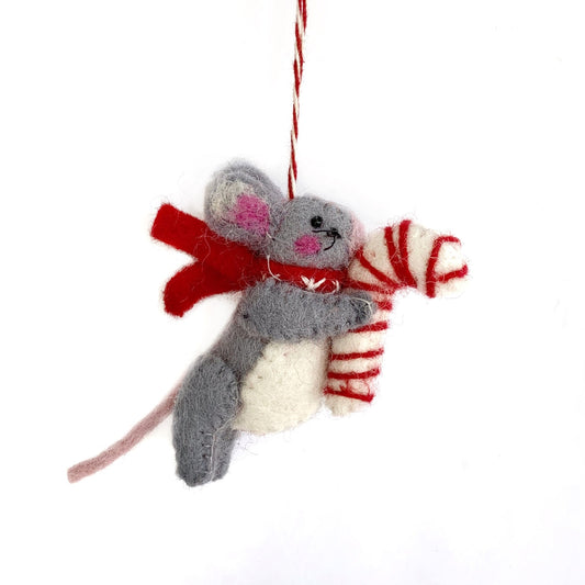 Mouse with Candy Cane Felt Wool Ornament