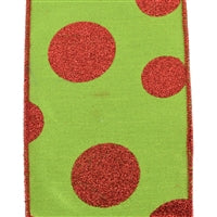 Apple Green Faux Dupioni Ribbon with Red Glitter Dots