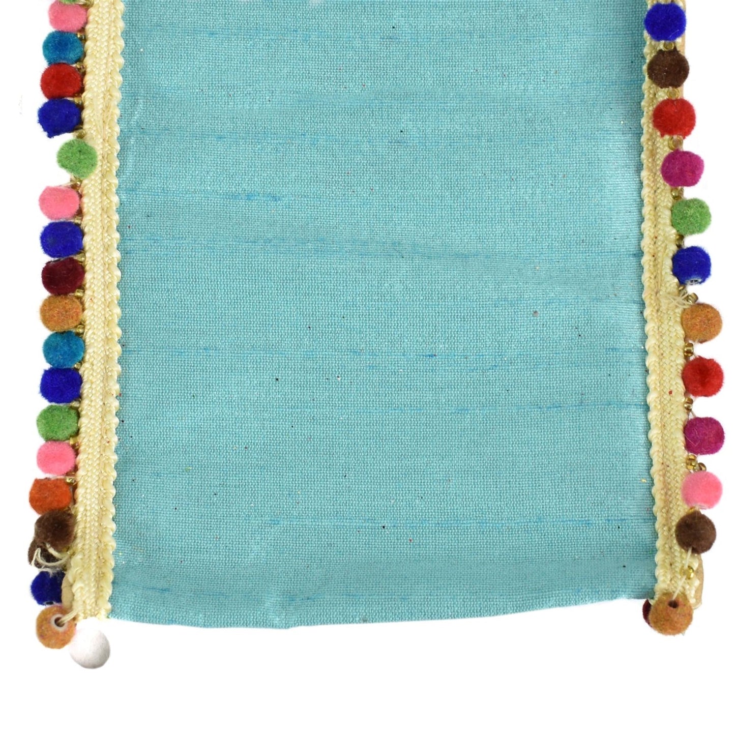 Light Turquoise Faux Dupioni w/ Multi Color Pom Pom Border