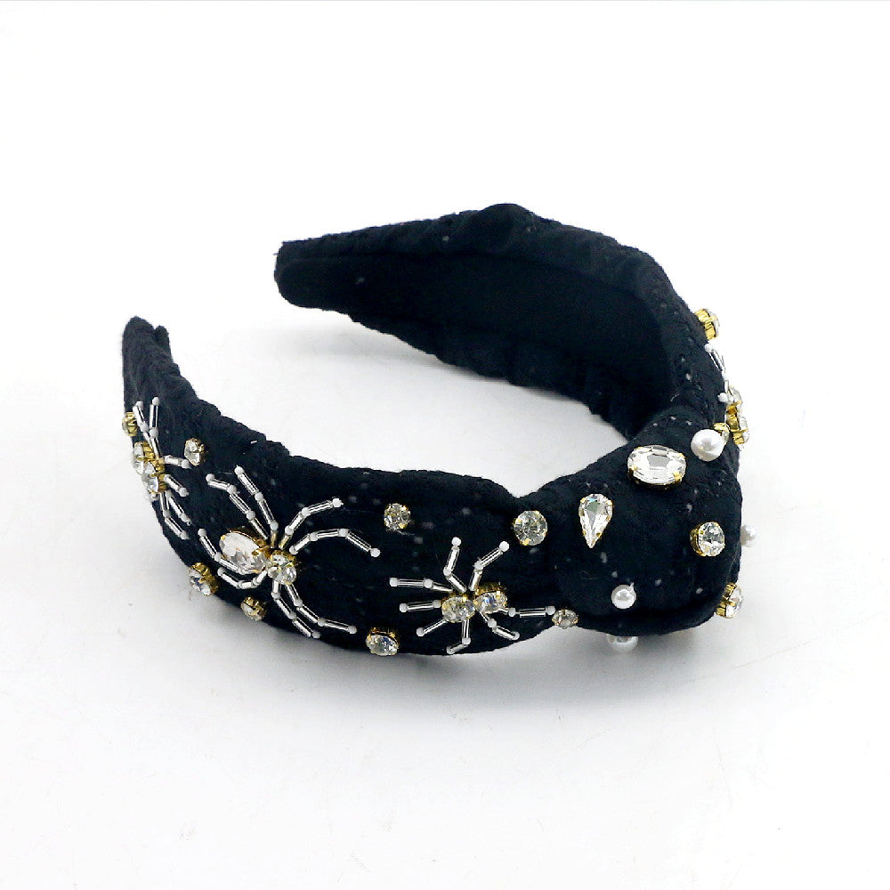 Black Eyelet Headband with Crystal Spiders