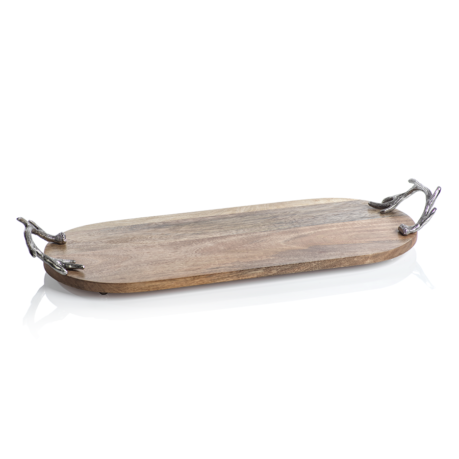 Wooden Oval Tray with Antler Handles