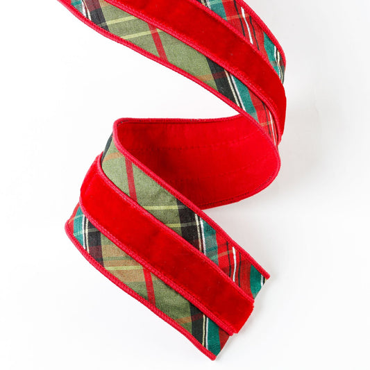 Olive Red Plaid Center Velvet Trim Ribbon