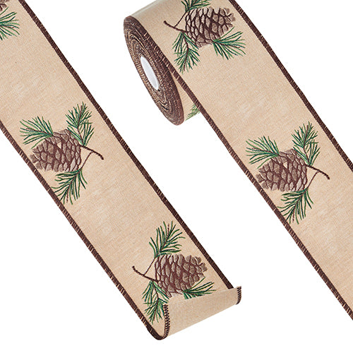 Pinecone Embroidered Wired Ribbon