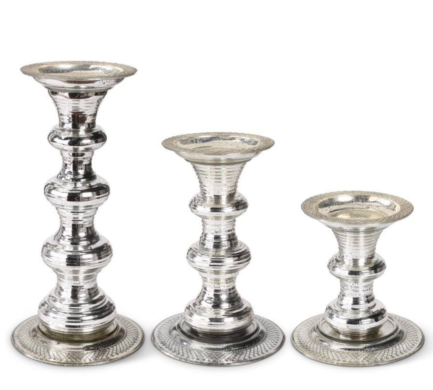 Embossed Silver Mercury Glass Candleholders