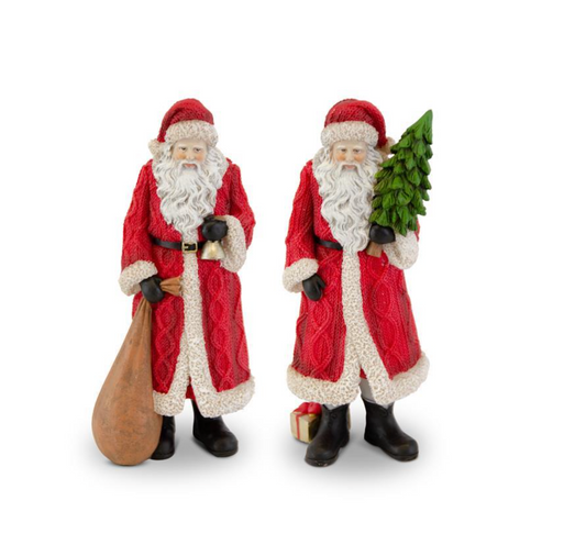 Traditional Resin Santa with Red Cable Knit Coat, More sizes