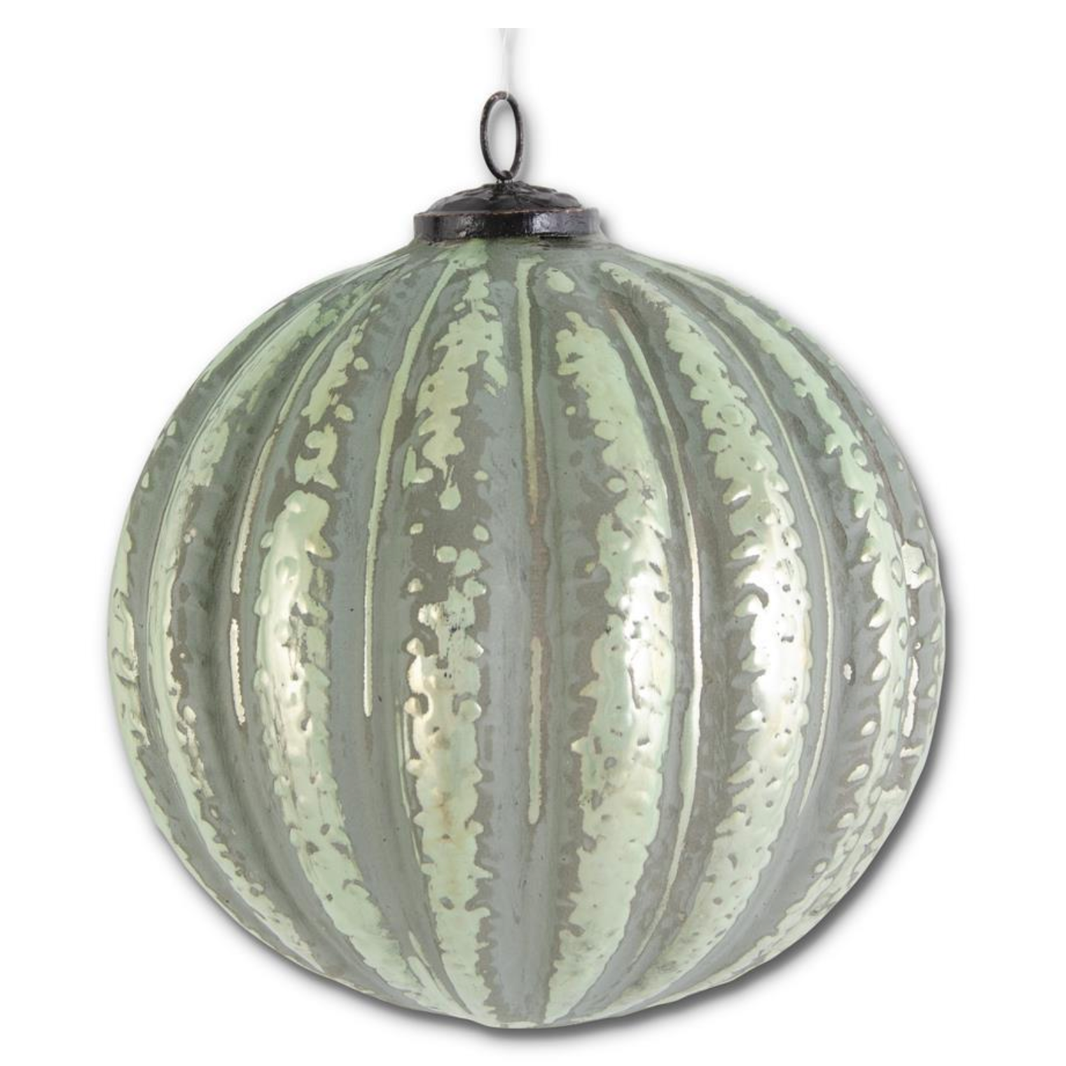 Distressed Green Glass Embossed Ball Ornament