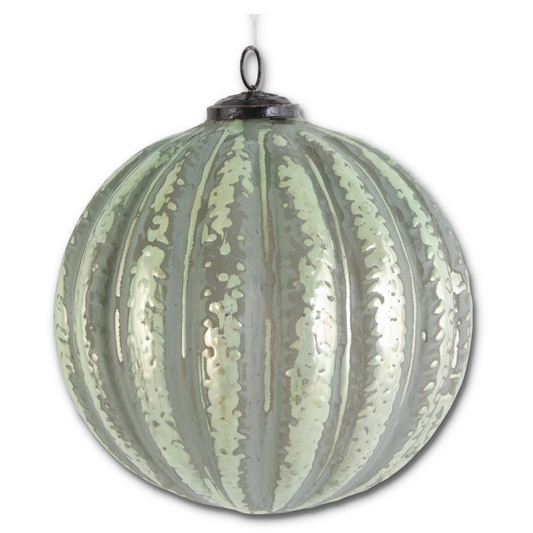 Distressed Green Glass Embossed Ball Ornament