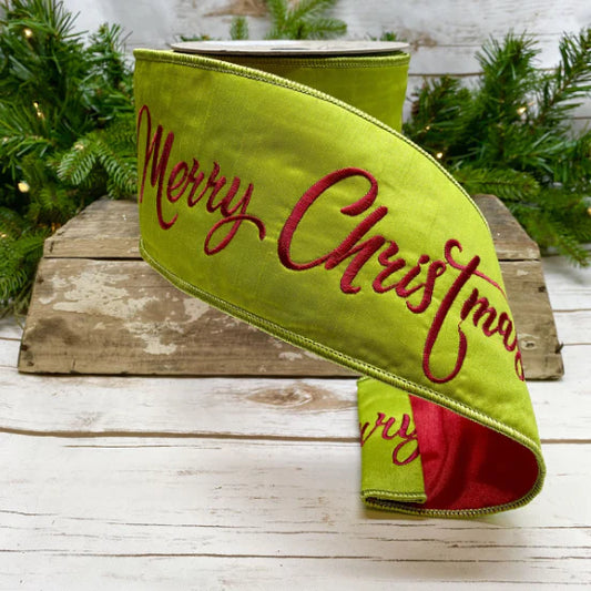 Faux Dupioni Embroidered Red "Merry Christmas" Ribbon- Bright Green