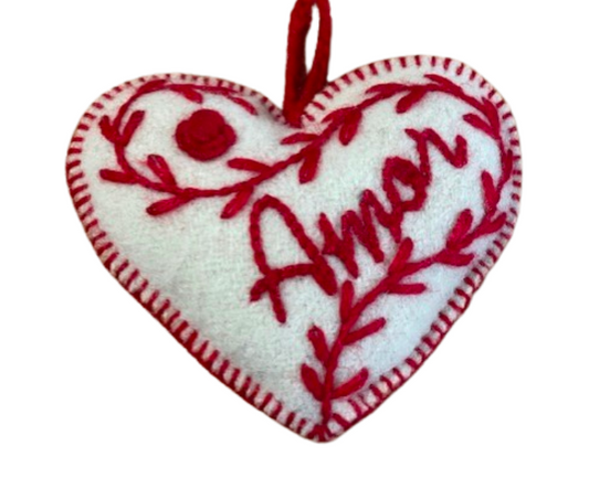 Heart Embroidered Wool Ornament- Amor