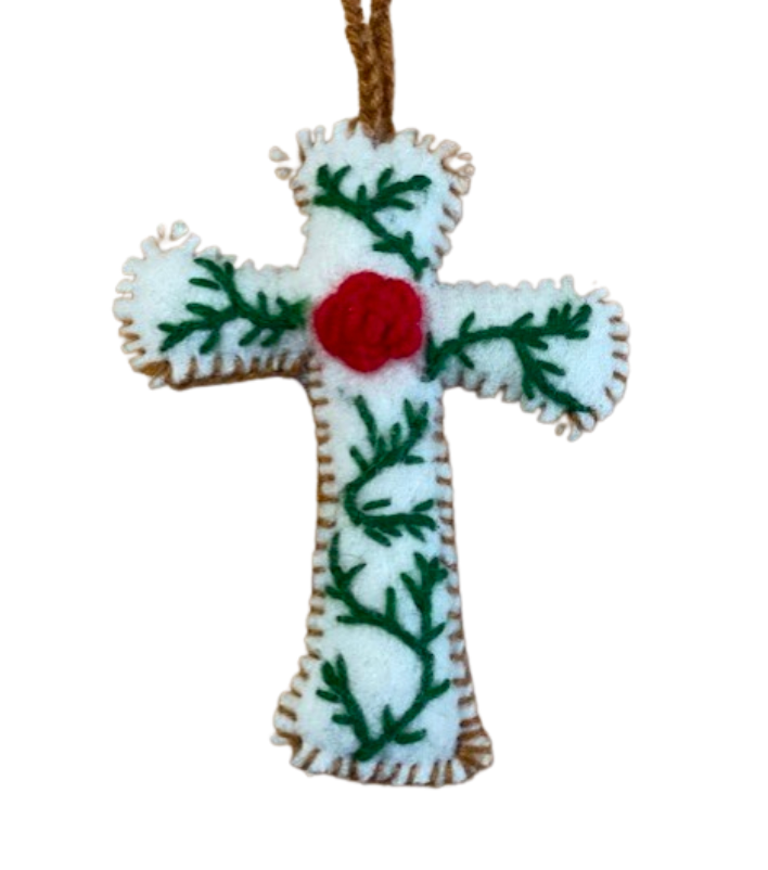 Cross with Rose Embroidered Wool Ornament
