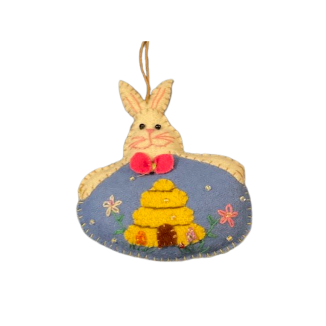 White Rabbit Holding a Blue Egg & Beehive Ornament