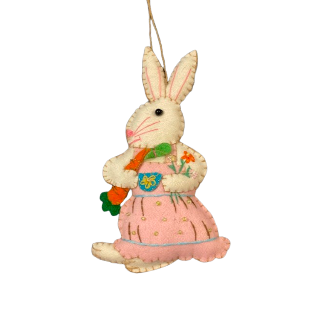 White Rabbit with Pink Skirt & Holding a Carrot Ornament