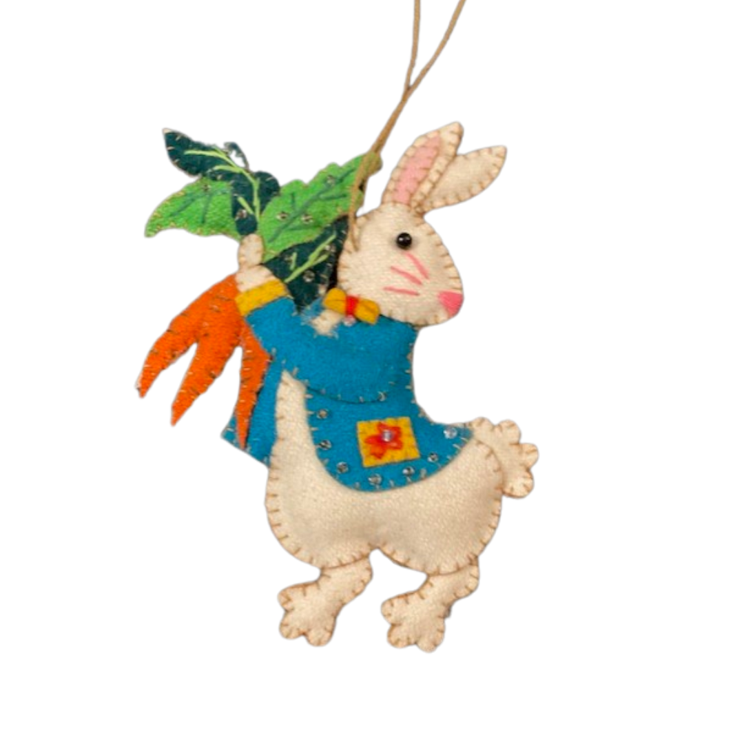 White Rabbit with Blue Clothes & Holding a Carrot Ornament