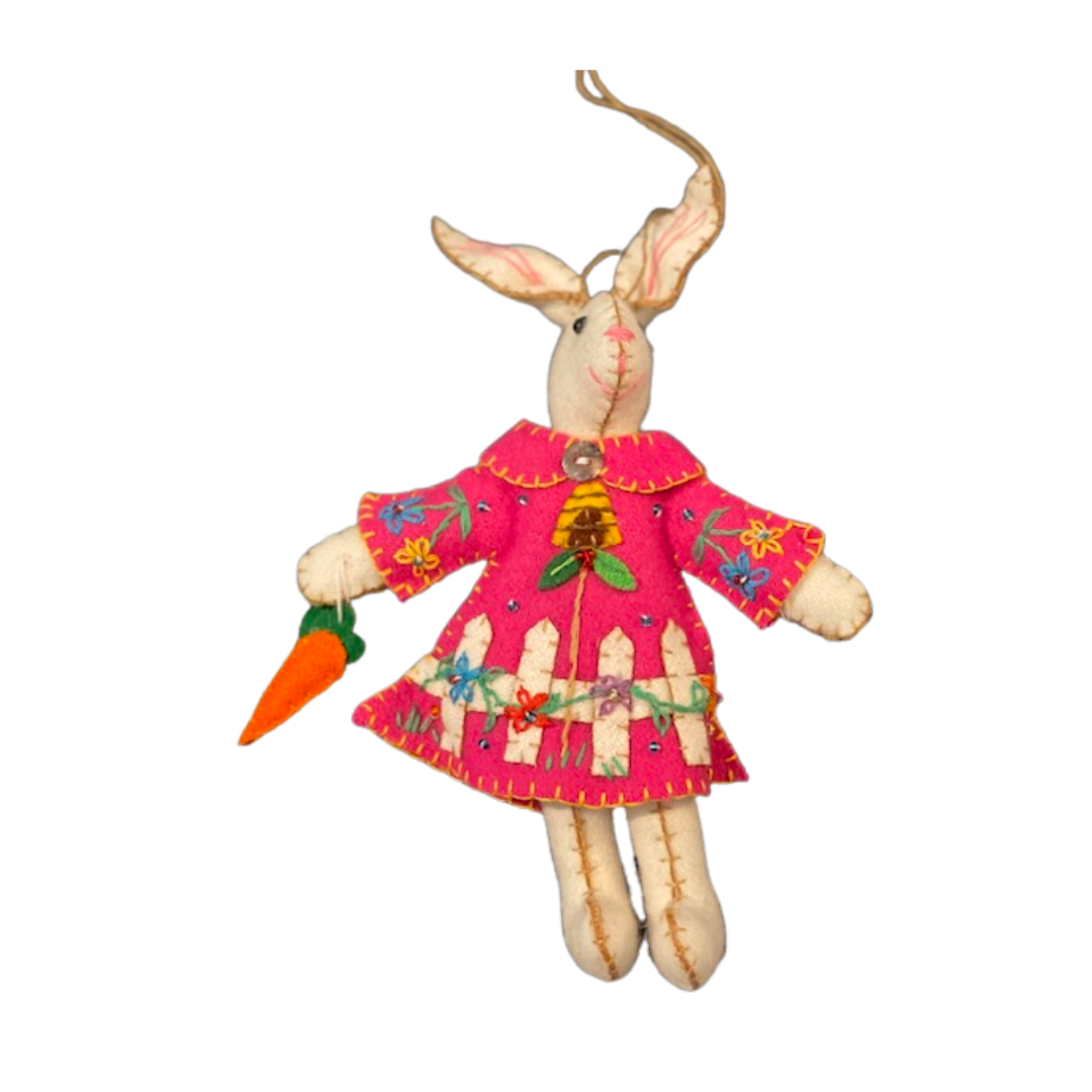 White Rabbit with Pink Dress & Fence Ornament