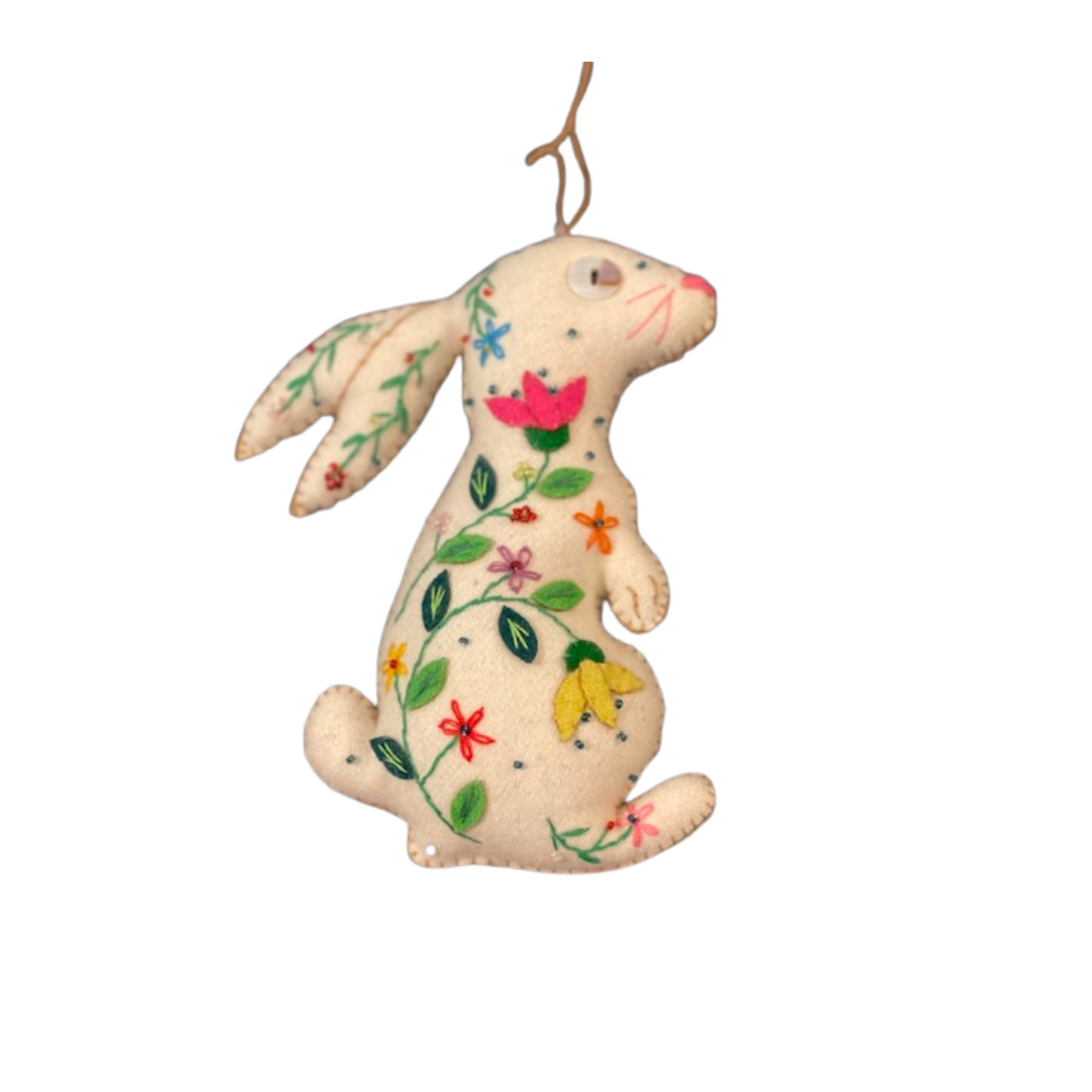 Side Sitting White Rabbit with Yellow Firs Ornament