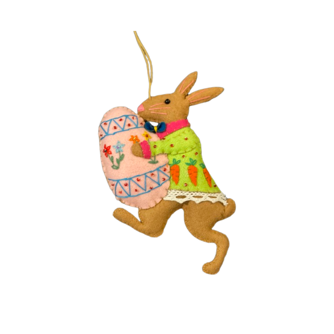 Brown Rabbit with Green Clothes & Holding a Pink Egg Ornament