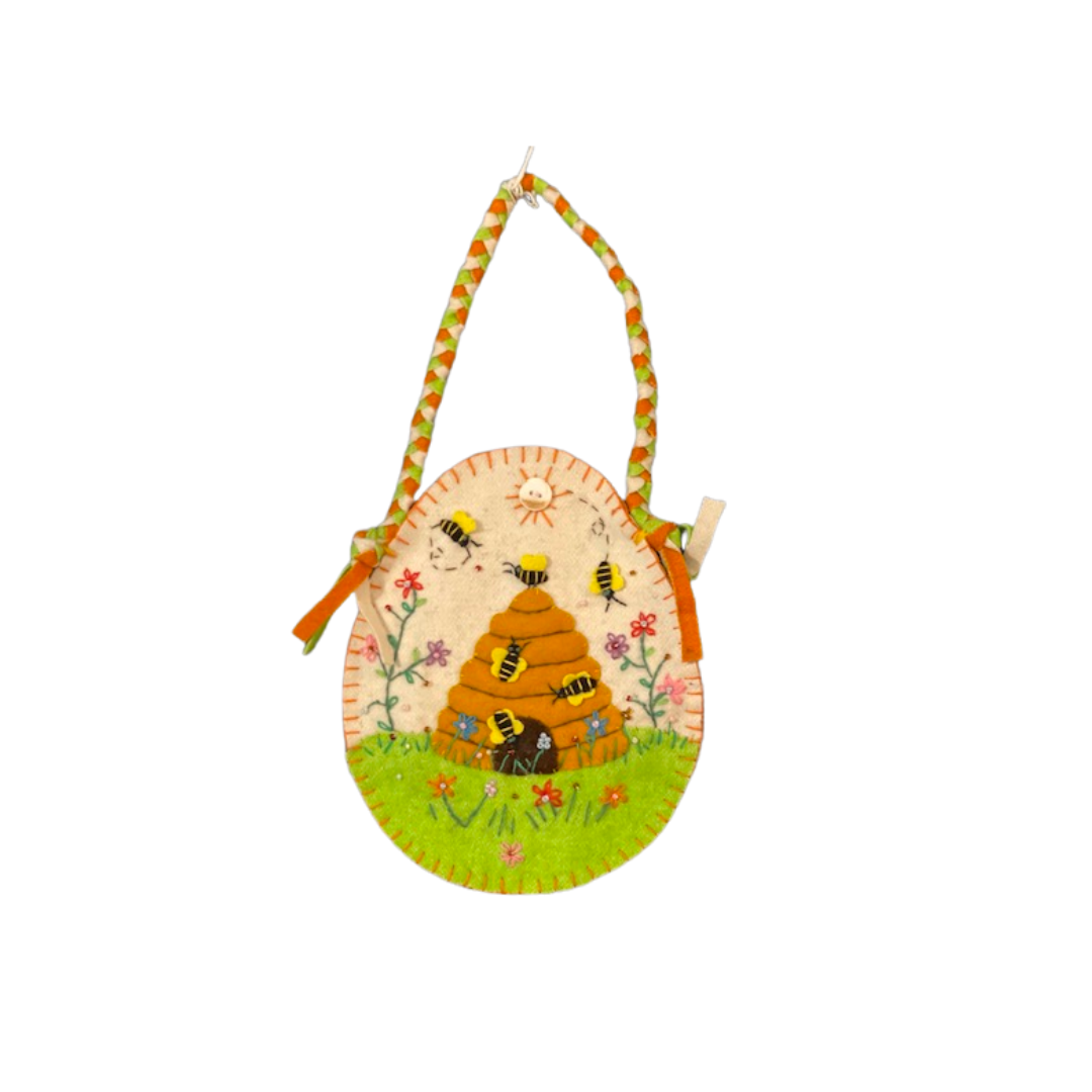 Egg-shaped White Bag with Beehive & Bees