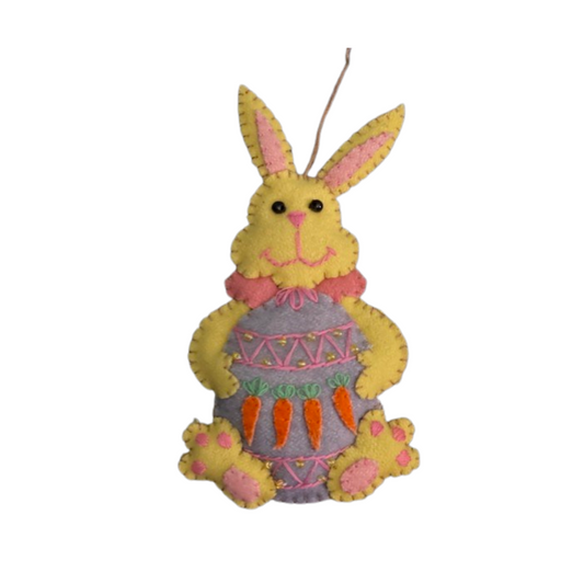 Yellow Rabbit Holding Purple Egg Ornament