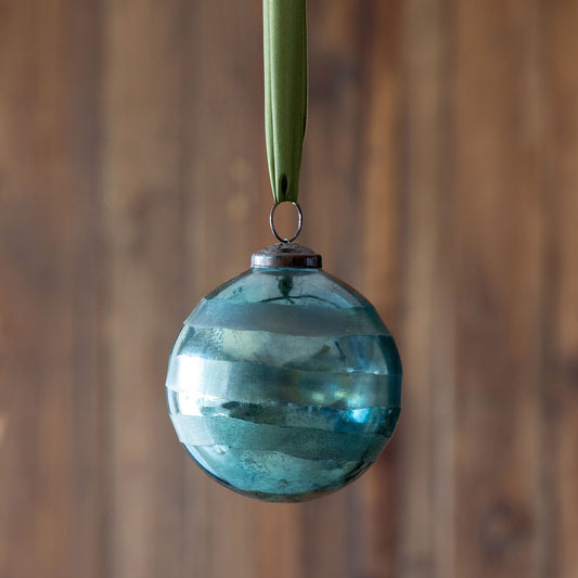 Grated Pattern Shiny Turquoise Glass Ball Ornament- Medium