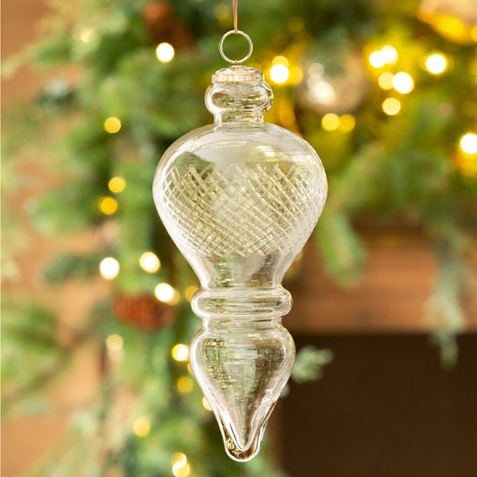 Diamond Pattern Etched Glass Finial Ornament