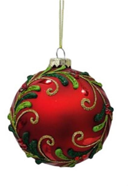 4"Glass/Glitter Leaf Swirl Ornament Matte Red/Gold Cap & Hanger