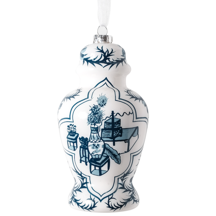 Blue and White Paneled Floral Ginger Jar Ornament