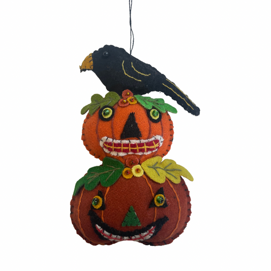 Crow Standing on 2 Jack-O-Lanterns Felt Ornament